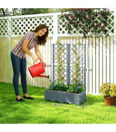 Outsunny Raised Garden Bed with Trellis, Plastic Planter Box with Drainage Holes, Drain Plugs and Water Reservoirs for Climbing Plants, Vegetables, Flowers, Grey