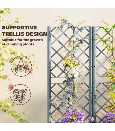 Outsunny Raised Garden Bed with Trellis, Plastic Planter Box with Drainage Holes, Drain Plugs and Water Reservoirs for Climbing Plants, Vegetables, Flowers, Grey
