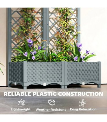 Outsunny Raised Garden Bed with Trellis, Plastic Planter Box with Drainage Holes, Drain Plugs and Water Reservoirs for Climbing Plants, Vegetables, Flowers, Grey