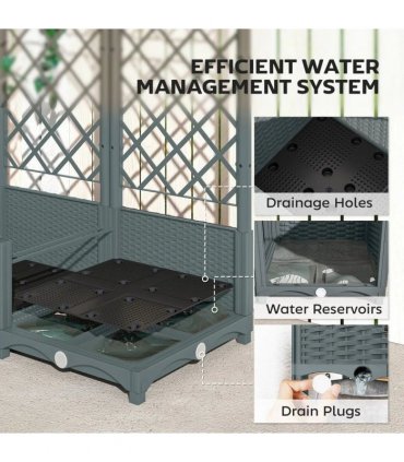 Outsunny Raised Garden Bed with Trellis, Plastic Planter Box with Drainage Holes, Drain Plugs and Water Reservoirs for Climbing Plants, Vegetables, Flowers, Grey