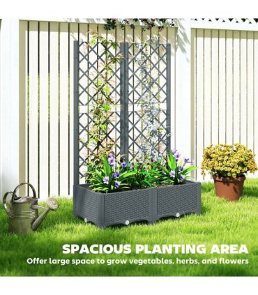 Outsunny Raised Garden Bed with Trellis, Plastic Planter Box with Drainage Holes, Drain Plugs and Water Reservoirs for Climbing Plants, Vegetables, Flowers, Grey