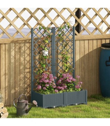 Outsunny Raised Garden Bed with Trellis, Plastic Planter Box with Drainage Holes, Drain Plugs and Water Reservoirs for Climbing Plants, Vegetables, Flowers, Grey