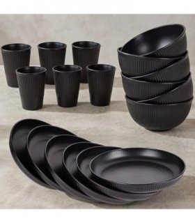 18PCS Round Dinner Set Wheat Straw Dining Plate Bowl Mug Unbreakable Dinnerware-Black
