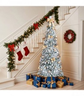 6 FT Snow Flocked Pre-lit Artificial Pop Up Christmas Tree with 100 Warm Lights and Golden Ornaments for Home Office Store Holiday Deco, Snowy Green