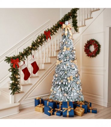 6 FT Snow Flocked Pre-lit Artificial Pop Up Christmas Tree with 100 Warm Lights and Golden Ornaments for Home Office Store Holiday Deco, Snowy Green