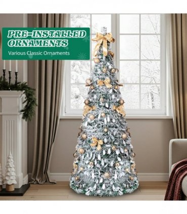 6 FT Snow Flocked Pre-lit Artificial Pop Up Christmas Tree with 100 Warm Lights and Golden Ornaments for Home Office Store Holiday Deco, Snowy Green