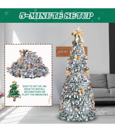 6 FT Snow Flocked Pre-lit Artificial Pop Up Christmas Tree with 100 Warm Lights and Golden Ornaments for Home Office Store Holiday Deco, Snowy Green