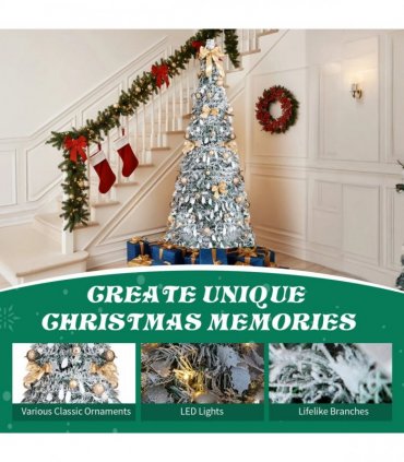 6 FT Snow Flocked Pre-lit Artificial Pop Up Christmas Tree with 100 Warm Lights and Golden Ornaments for Home Office Store Holiday Deco, Snowy Green