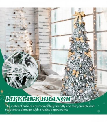 6 FT Snow Flocked Pre-lit Artificial Pop Up Christmas Tree with 100 Warm Lights and Golden Ornaments for Home Office Store Holiday Deco, Snowy Green