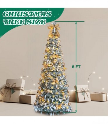 6 FT Snow Flocked Pre-lit Artificial Pop Up Christmas Tree with 100 Warm Lights and Golden Ornaments for Home Office Store Holiday Deco, Snowy Green