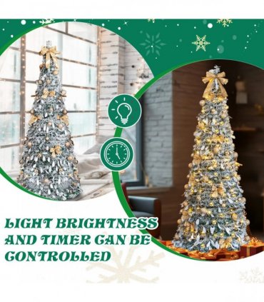 6 FT Snow Flocked Pre-lit Artificial Pop Up Christmas Tree with 100 Warm Lights and Golden Ornaments for Home Office Store Holiday Deco, Snowy Green