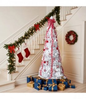 6 FT Fully Decorated Pre-lit Christmas Tree, Pop Up Artificial Xmas Tree with 100 Warm Lights and Red Ornaments for Home Office Store Holiday Deco, White