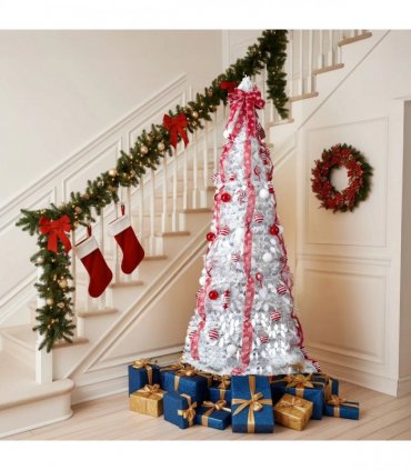 6 FT Fully Decorated Pre-lit Christmas Tree, Pop Up Artificial Xmas Tree with 100 Warm Lights and Red Ornaments for Home Office Store Holiday Deco, White
