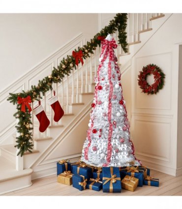 6 FT Fully Decorated Pre-lit Christmas Tree, Pop Up Artificial Xmas Tree with 100 Warm Lights and Red Ornaments for Home Office Store Holiday Deco, White
