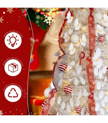 6 FT Fully Decorated Pre-lit Christmas Tree, Pop Up Artificial Xmas Tree with 100 Warm Lights and Red Ornaments for Home Office Store Holiday Deco, White