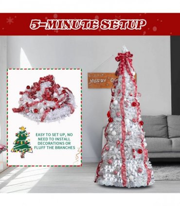 6 FT Fully Decorated Pre-lit Christmas Tree, Pop Up Artificial Xmas Tree with 100 Warm Lights and Red Ornaments for Home Office Store Holiday Deco, White