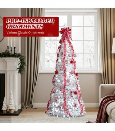 6 FT Fully Decorated Pre-lit Christmas Tree, Pop Up Artificial Xmas Tree with 100 Warm Lights and Red Ornaments for Home Office Store Holiday Deco, White