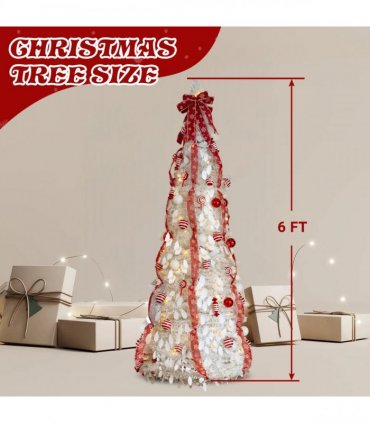 6 FT Fully Decorated Pre-lit Christmas Tree, Pop Up Artificial Xmas Tree with 100 Warm Lights and Red Ornaments for Home Office Store Holiday Deco, White