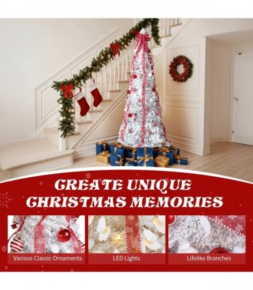 6 FT Fully Decorated Pre-lit Christmas Tree, Pop Up Artificial Xmas Tree with 100 Warm Lights and Red Ornaments for Home Office Store Holiday Deco, White
