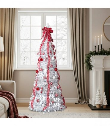 6 FT Fully Decorated Pre-lit Christmas Tree, Pop Up Artificial Xmas Tree with 100 Warm Lights and Red Ornaments for Home Office Store Holiday Deco, White