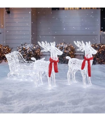 Two Reindeer Pulling Sleigh Lighted Christmas Decor 2.4ft, 240 White LED PVC Décor, UK Plug 31V 3.6W