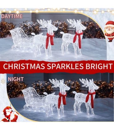 Two Reindeer Pulling Sleigh Lighted Christmas Decor 2.4ft, 240 White LED PVC Décor, UK Plug 31V 3.6W