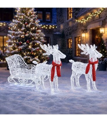 Two Reindeer Pulling Sleigh Lighted Christmas Decor 2.4ft, 240 White LED PVC Décor, UK Plug 31V 3.6W