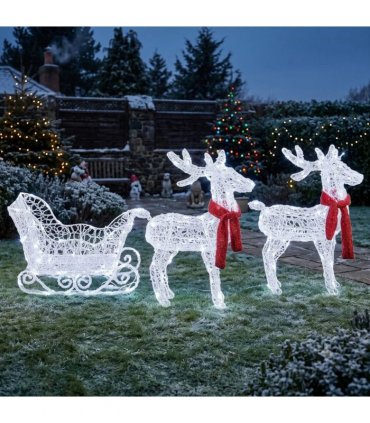 Two Reindeer Pulling Sleigh Lighted Christmas Decor 2.4ft, 240 White LED PVC Décor, UK Plug 31V 3.6W