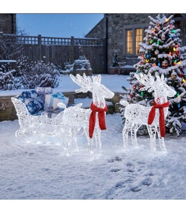 Two Reindeer Pulling Sleigh Lighted Christmas Decor 2.4ft, 240 White LED PVC Décor, UK Plug 31V 3.6W
