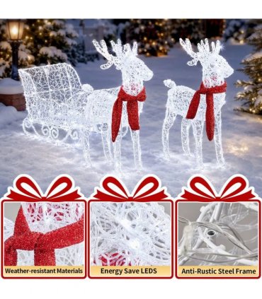Two Reindeer Pulling Sleigh Lighted Christmas Decor 2.4ft, 240 White LED PVC Décor, UK Plug 31V 3.6W