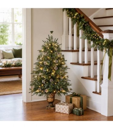 Green Pre-Lit Christmas Tree 4ft, 100 Warm White LED, 200 Branch Tips PVC+PE, 8 Light Modes with Remote, UK Plug 30V