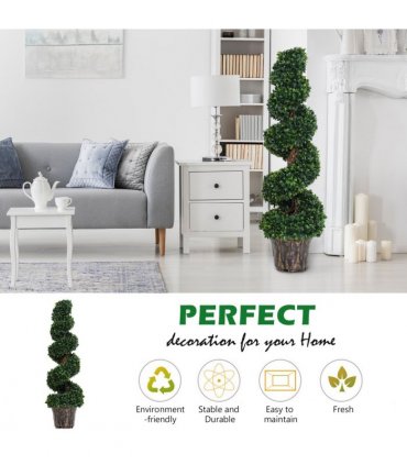 PE Set of 2 Artificial Boxwood Spiral Topiary Plant Tree's Green