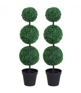 PE Set of 2 Artificial Boxwood Three Balls Topiary Plant Tree's Green