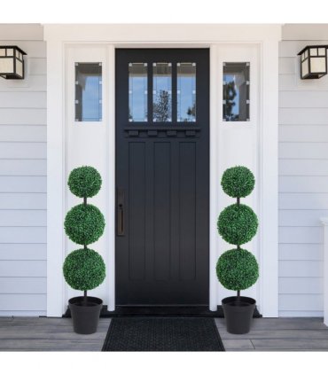 PE Set of 2 Artificial Boxwood Three Balls Topiary Plant Tree's Green