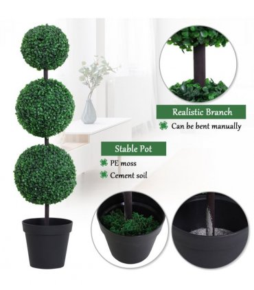 PE Set of 2 Artificial Boxwood Three Balls Topiary Plant Tree's Green