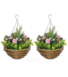 Pack of 2 Artificial Lisianthus Flowers Hanging Planter with Basket