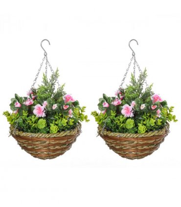 Pack of 2 Artificial Lisianthus Flowers Hanging Planter with Basket