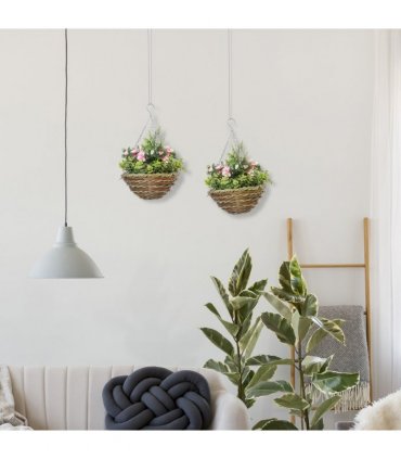 Pack of 2 Artificial Lisianthus Flowers Hanging Planter with Basket