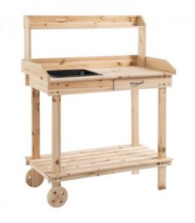 Wooden Bench Work Table & 2 Wheels, Sink, Drawer & Storage Spaces, 92x45x119cm