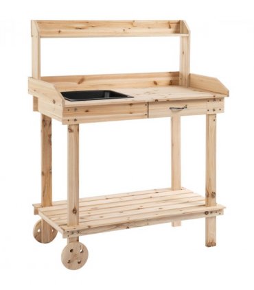 Wooden Bench Work Table & 2 Wheels, Sink, Drawer & Storage Spaces, 92x45x119cm