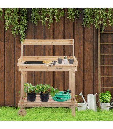 Wooden Bench Work Table & 2 Wheels, Sink, Drawer & Storage Spaces, 92x45x119cm