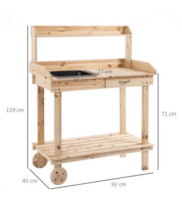 Wooden Bench Work Table & 2 Wheels, Sink, Drawer & Storage Spaces, 92x45x119cm