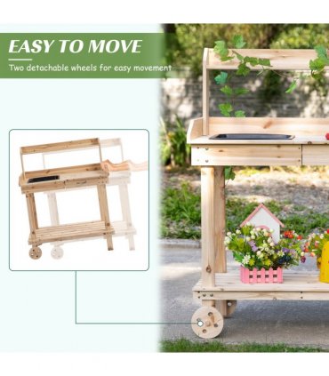 Wooden Bench Work Table & 2 Wheels, Sink, Drawer & Storage Spaces, 92x45x119cm