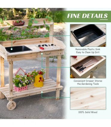 Wooden Bench Work Table & 2 Wheels, Sink, Drawer & Storage Spaces, 92x45x119cm