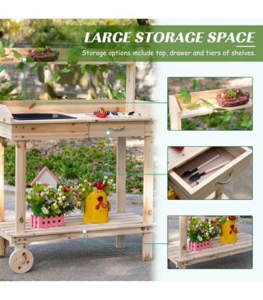 Wooden Bench Work Table & 2 Wheels, Sink, Drawer & Storage Spaces, 92x45x119cm
