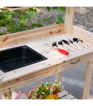 Wooden Bench Work Table & 2 Wheels, Sink, Drawer & Storage Spaces, 92x45x119cm
