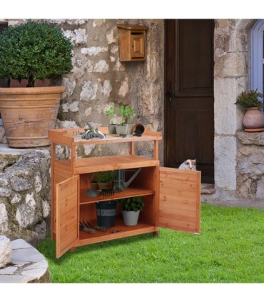Outsunny 2 In 1 Potting Bench Table w/ Storage Cabinet and Galvanized Table Top