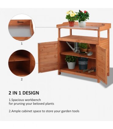Outsunny 2 In 1 Potting Bench Table w/ Storage Cabinet and Galvanized Table Top