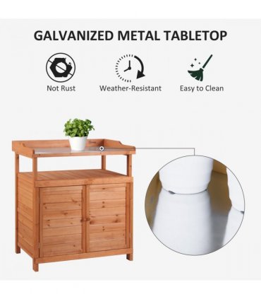 Outsunny 2 In 1 Potting Bench Table w/ Storage Cabinet and Galvanized Table Top