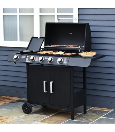 4 Gas BBQ Grill with Wheels, Steel-Black